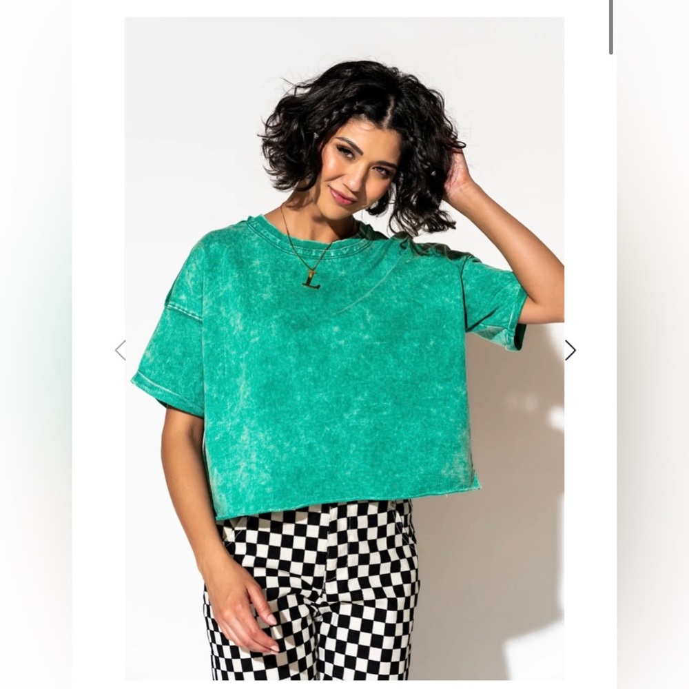 NWOT - DRESSED IN LALA Over It Acid Wash Crop Top - Green - M